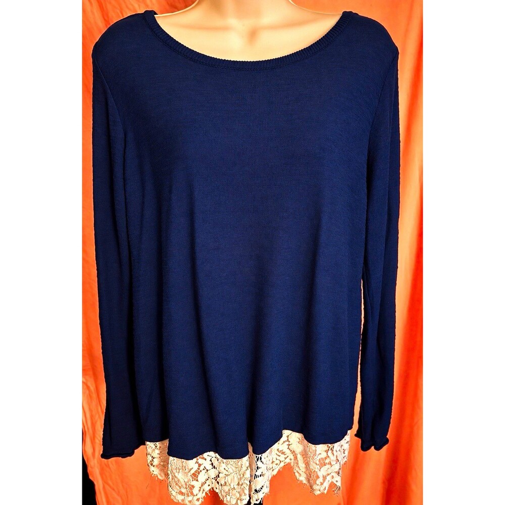 New Directions XL Navy Blue Lace Hem Open Back Long Sleeve Sweater Top